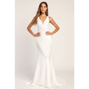 NWT Lulus Long-Lasting Love Ivory Lace V-Neck Mermaid Dress Wedding Bride Size L